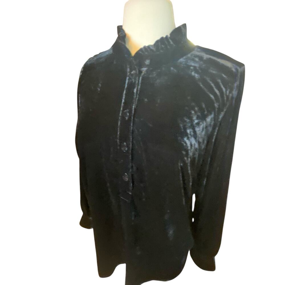 Talbots Black Velvet Long-Sleeve Blouse Ruffled Mandarin Collar Sz L Holiday
